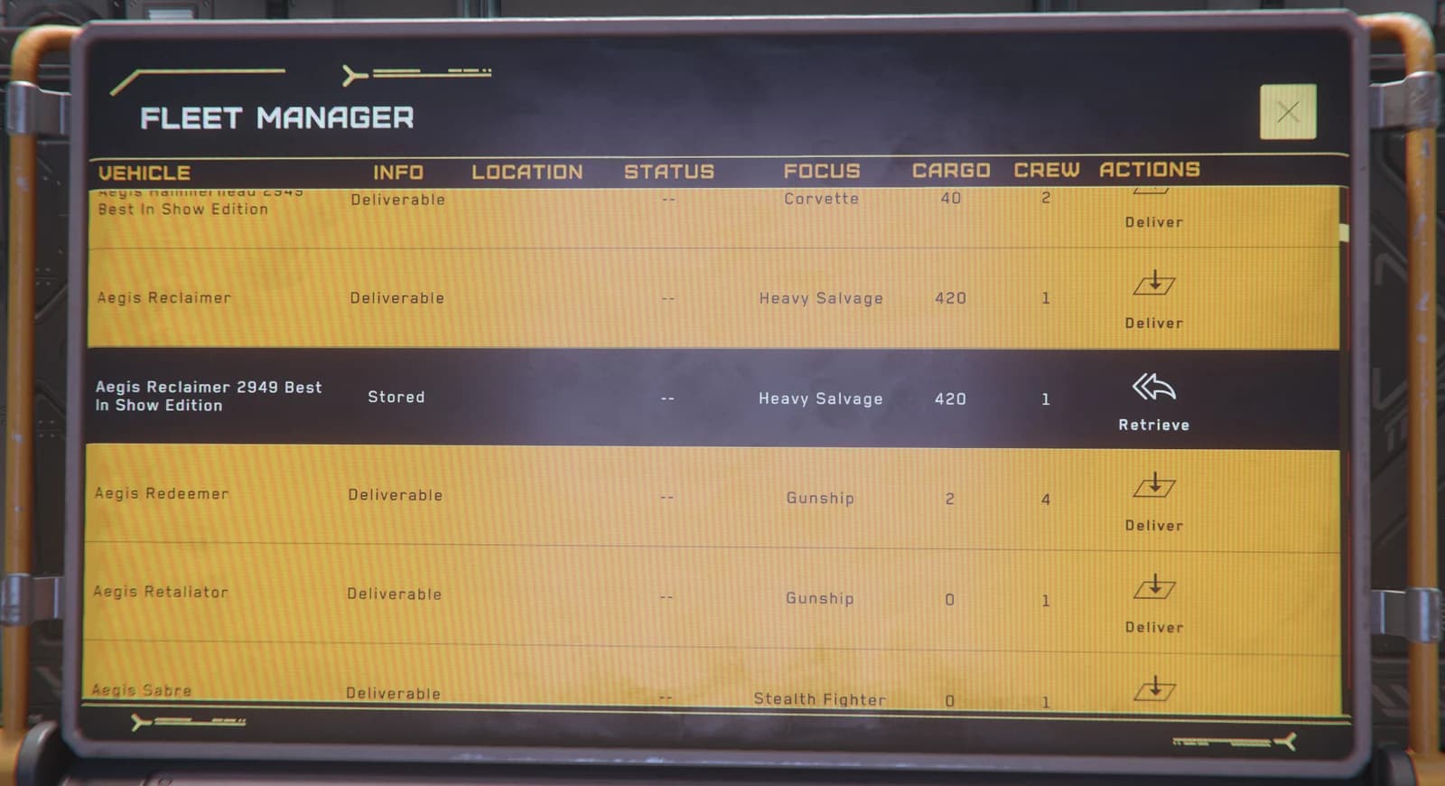 CIG example of the ASOP ship list with Deliver and Retrieve actions