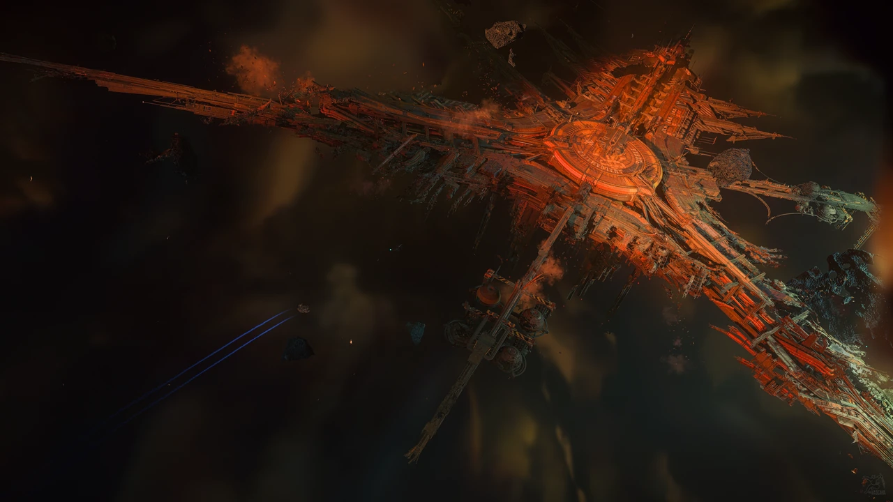A small Cutter approaches the orange-lit industrial structures of Checkmate Station.