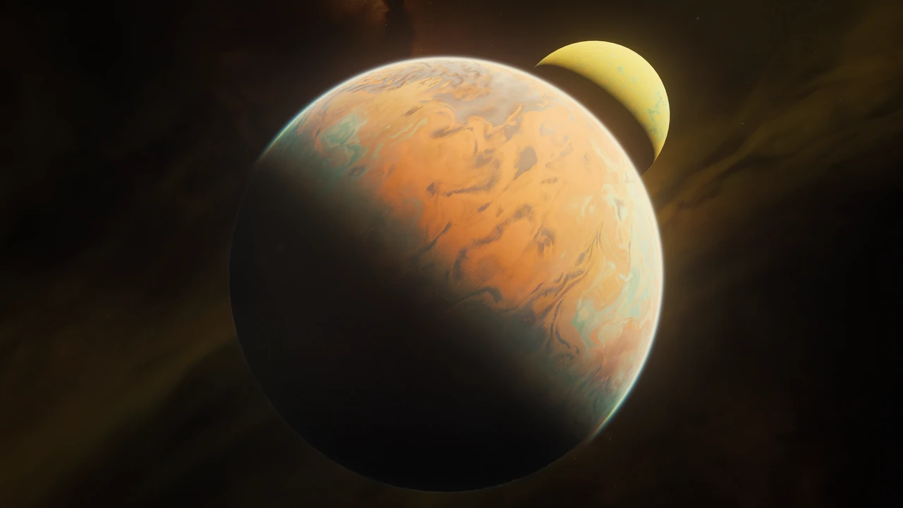 A large orange and green planet hangs before a smaller yellow moon in dark space.