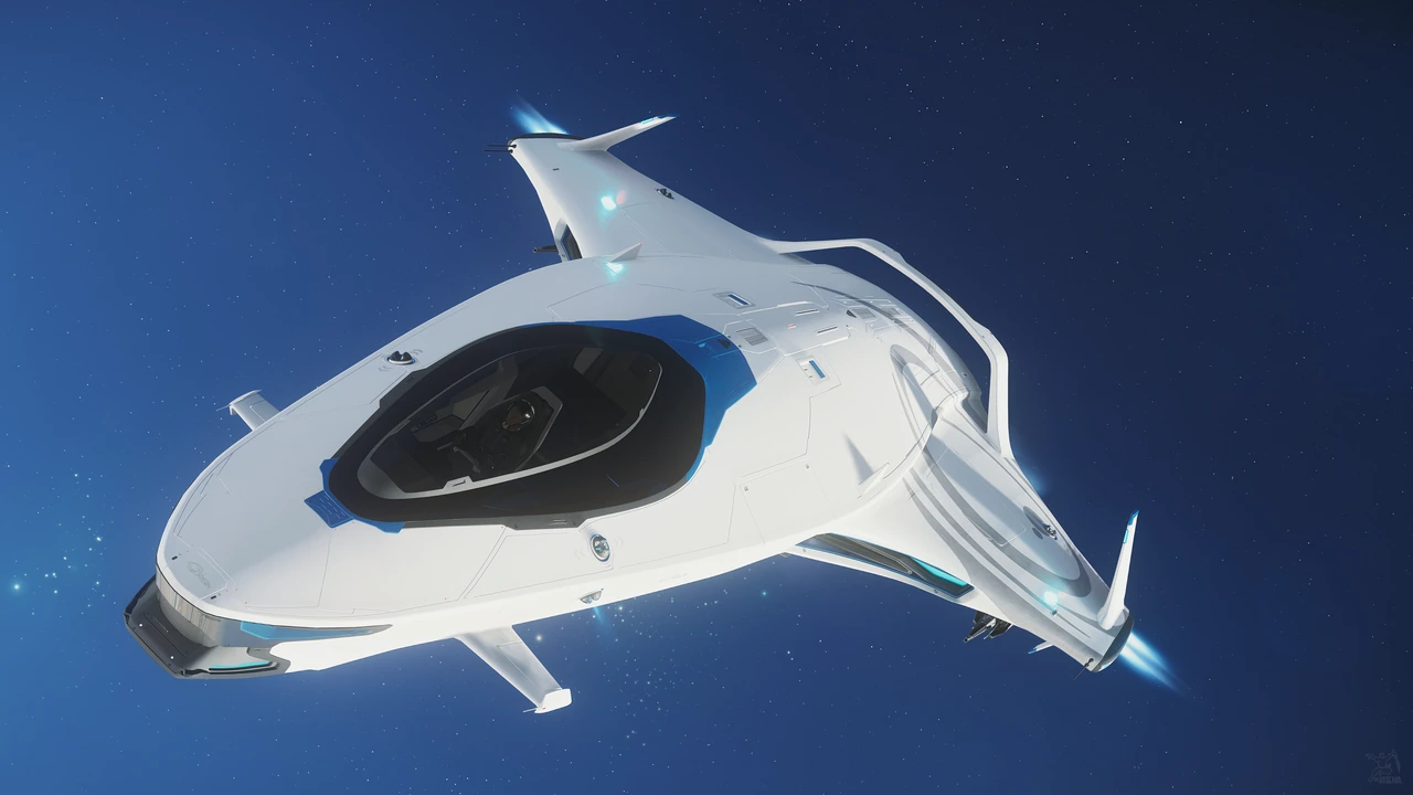A white Origin 100i with dark cockpit glass cruises through deep blue space.