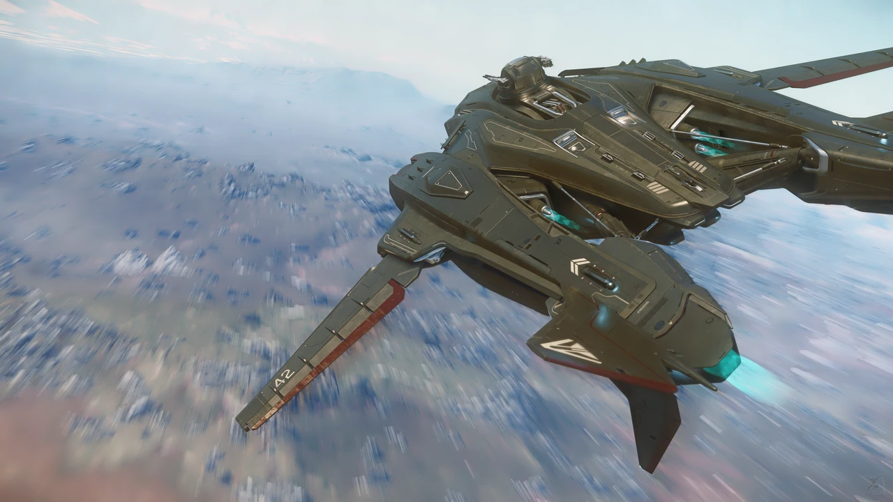 A dark Vanguard banks over the pale blue mountains and atmosphere of microTech.