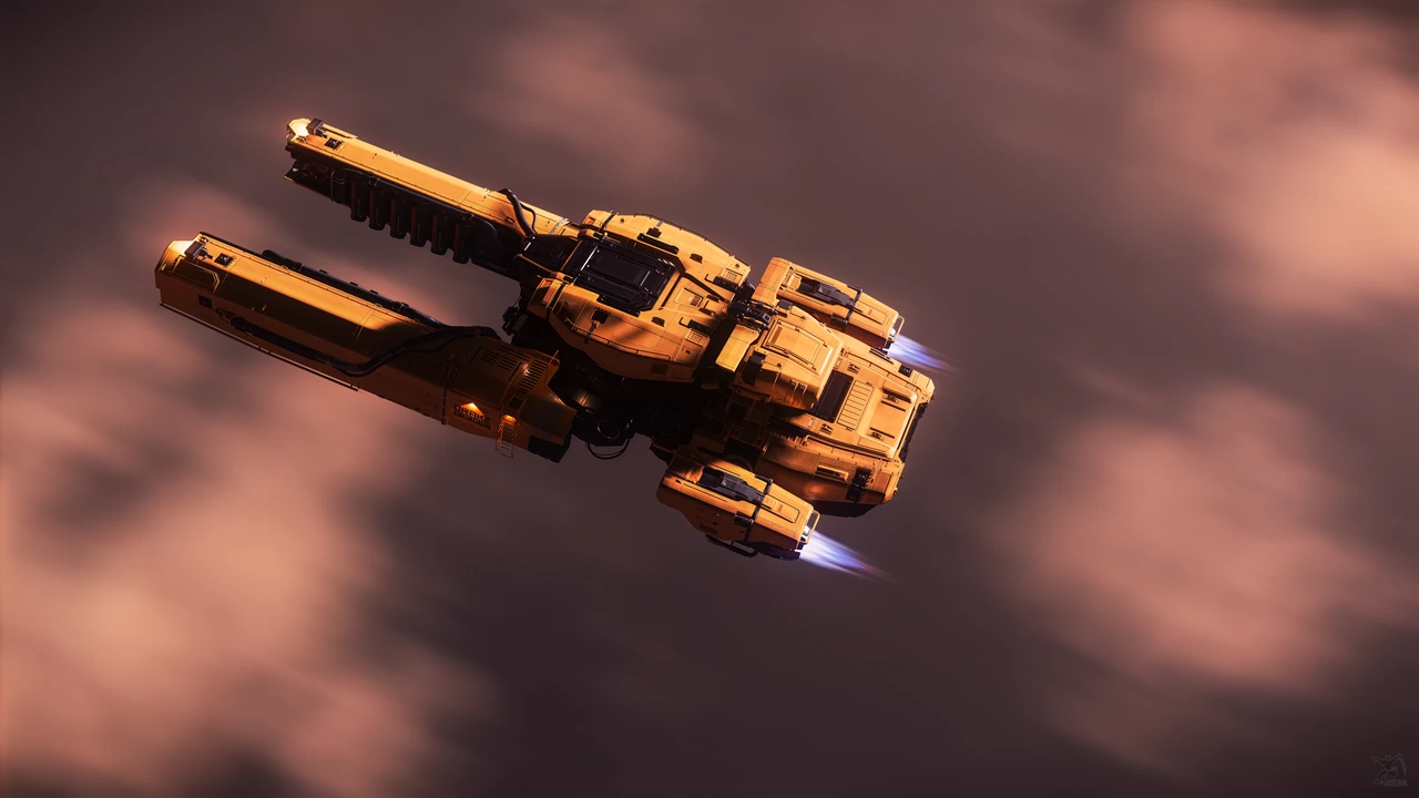 An orange Vulture flies across a softly streaked mauve background.